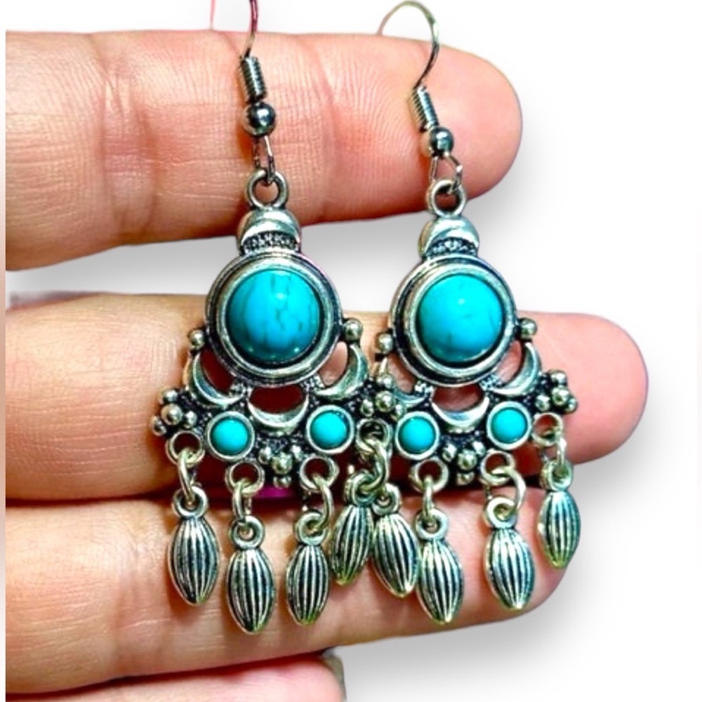 Silver Turquoise dangle chandelier style earrings Turquoise Statement Earrings